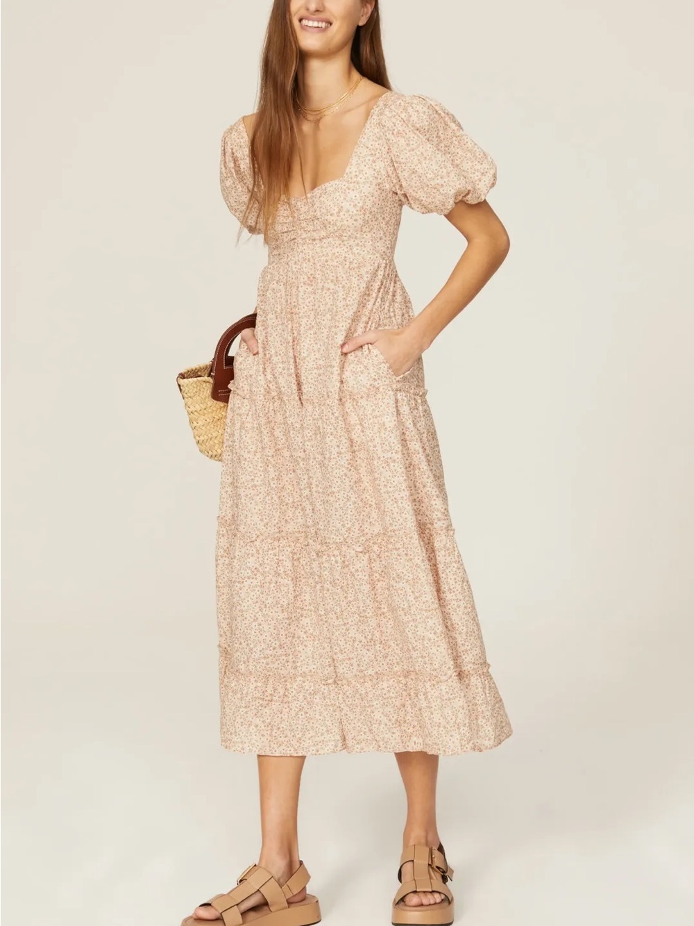 Show Me Your Mumu Size XS Odette Ditsy Daisy Peachy Cream Floral Midi Dress